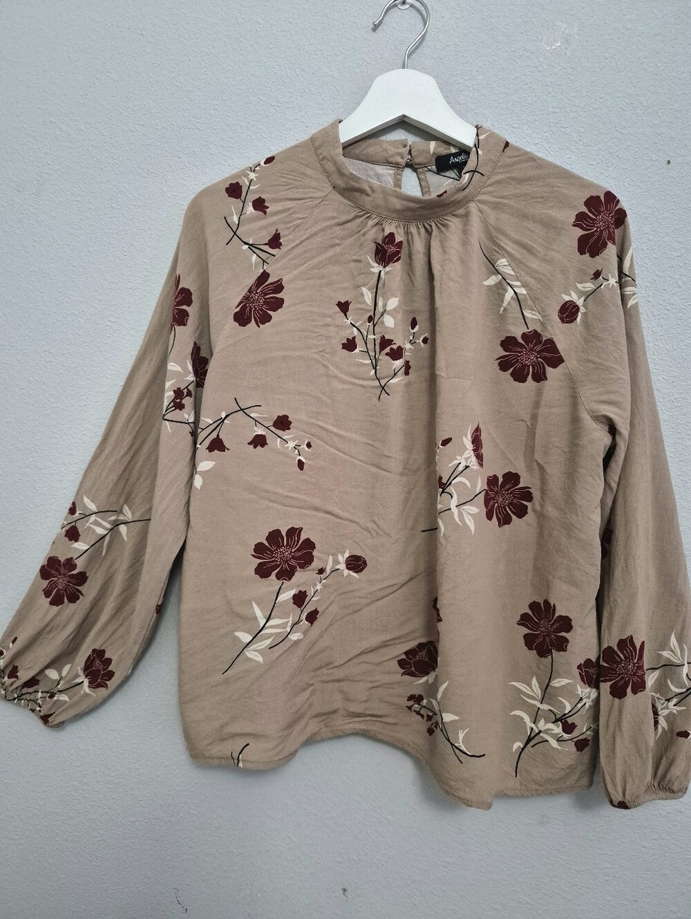 Angels Tan Long Sleeve Blouse With Red Flower Print Large Modest Feminine